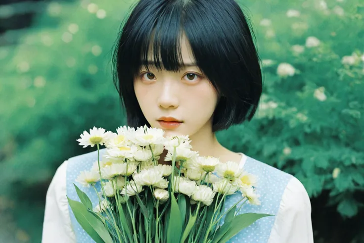 there is a woman holding a bunch of flowers in her hand, with short hair, chiho, by torii kiyomoto, sui ishida with black hair, ...