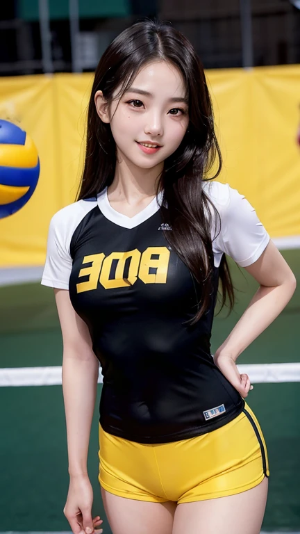 (Best Quality, 4K, Masterpiece: 1.3), Pretty Korean Woman, 1girl, Sexy: 1.1, Long Dark Brown Hair: 1.1, Woman in Tight Volleyball Suit, Yellow Volleyball Girl Tight Jersey, Ultra-detailed Face, Detailed Lips, Delicate Eyes, Double Eyelids, ((Black Short Pa...