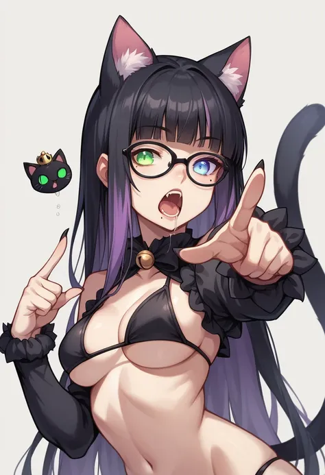 best quality, masterpiece, super high resolution, perfect anatomy, 1girl, black hair, purple highlights, long hair,  hime cut, blunt bangs,  black cat ears, black cat tail, green eyes, heterochromia, cat girl, glasses, medium breasts, cat eyes, :3, pale sk...