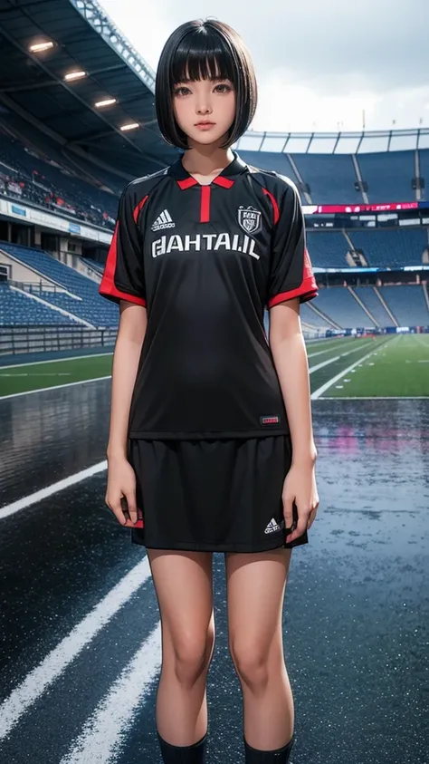 ((13-year-old girl, Very slim)), rain, heavy rain, Black Hair, Bobcut, Football Stadium, (Soccer uniforms)