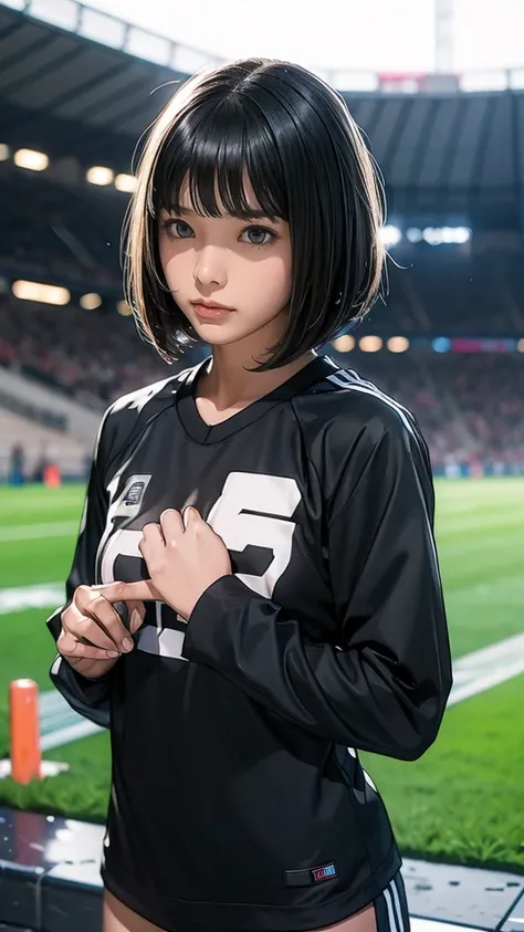 ((13-year-old girl, Very slim)), rain, heavy rain, Black Hair, Bobcut, Football Stadium, (Soccer uniforms)