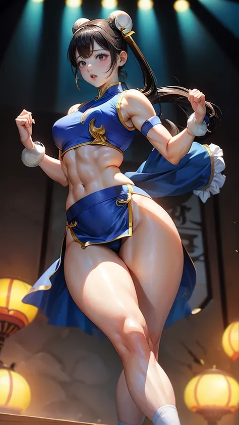 Chun-Li, wide hips, attractive, long legs, beautiful eyes, Beautiful whole body, small breasts, 섹시한 Chun-Li 의상, tempting, Abs, Plump body shape, thick jangdanji, thick thighs, black hair, red eyes, realistic black stockings