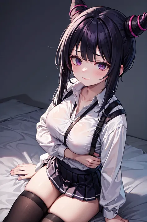 Juri Han, artwork, tight white secretary shirt with black tie, black high-waist skirt, skirt short,sock, Bblack hair, blackstockings,evil smile,,bangs on the eyes,lighting,horn of hair,from above view,staring overhead,crossed arms
