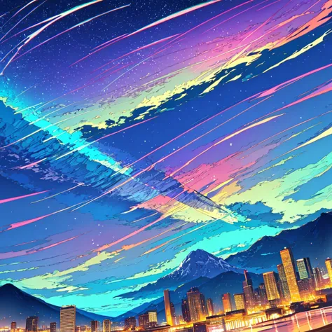 Night sky beautiful colors, large mountains and city, colorful sky with bright stars