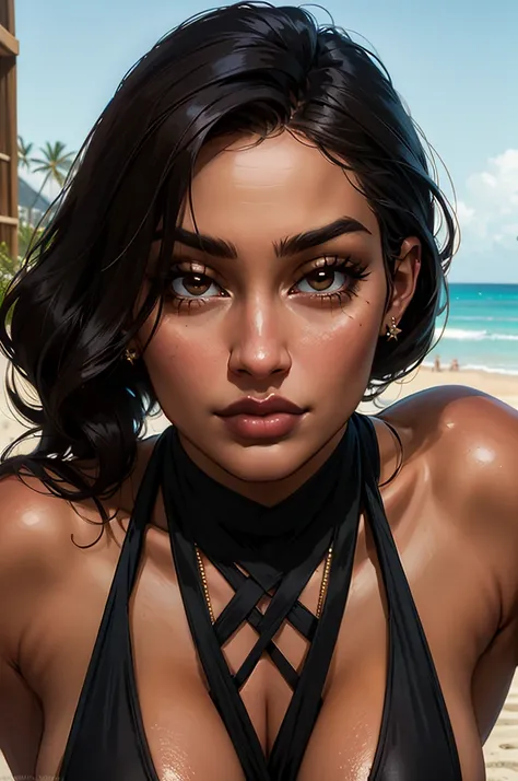 Kylie Jenner, ((Beautiful milf)), hourglass figure, enormous breasts, brown eyes, black hair, seductive face, microkini, tan skin, beach, masterpiece, best quality, ultra detailed, realistic