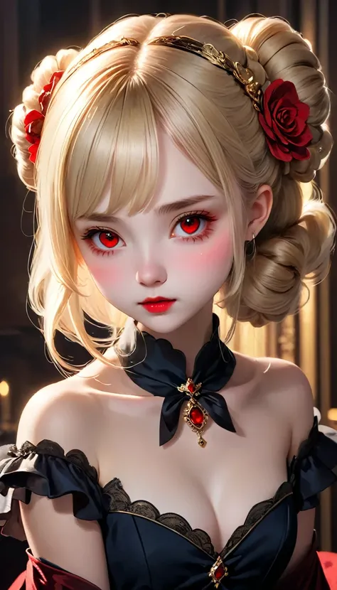 A girl drawn in great detail、Unparalleled beauty、Cute face、Little red cheeks and nose、Ultra-detailed eye、Very detailed顔と瞳、Small Nose、(((vampire、Pure white skin、Red eyes、Black Lips、Expressionless)))、Dark fantasy、Expressions of eroticism、Hair Bun、blonde、Eleg...