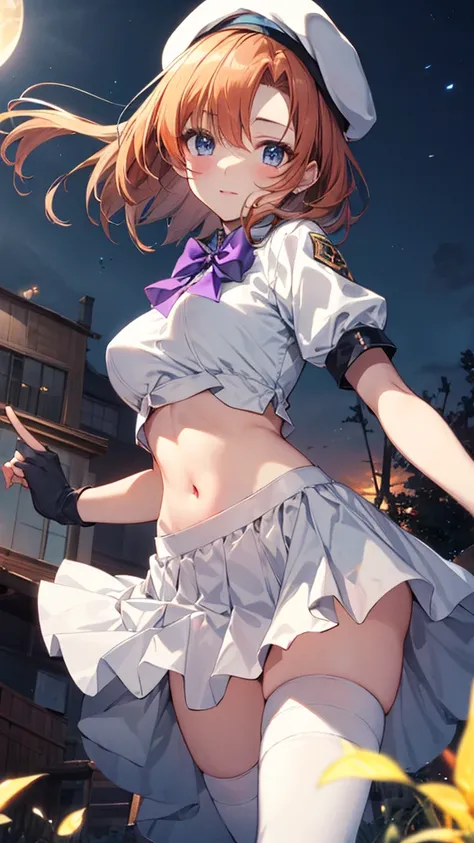 Twilight,Orange sun,Rena Ryuuguu, Orange Hair, short hair, blue eyes,Mountain of bulky trash,Narrow waist,Normal size breasts,
(White Beret), bow, bowtie,(White Dress:1.2),White Skirt,Have, puffy Short sleeve, Puffy sleeves, purple bow, purple bowtie, Shor...