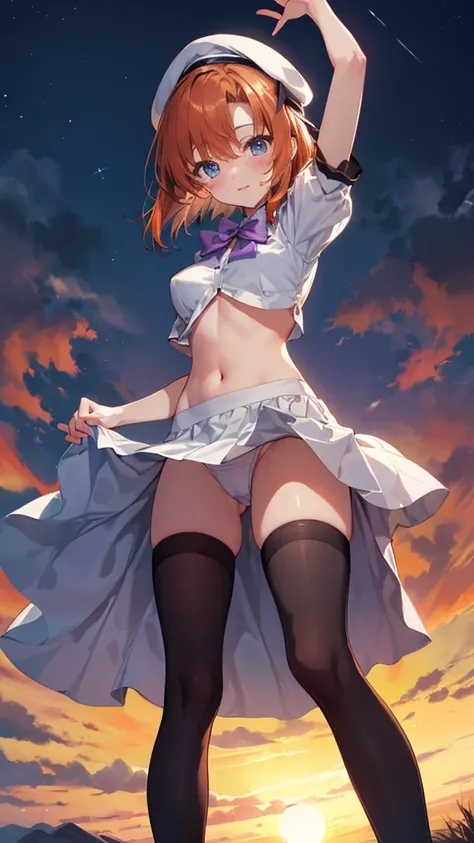 Twilight,Orange sun,Rena Ryuuguu, Orange Hair, short hair, blue eyes,Mountain of bulky trash,Narrow waist,Normal size breasts,
(White Beret), bow, bowtie,(White Dress:1.2),White Skirt,Have, puffy Short sleeve, Puffy sleeves, purple bow, purple bowtie, Shor...