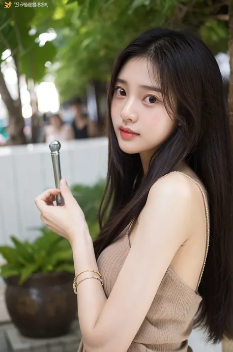 wanita korea cantik, 25 tahun, kulit putih, rambut sedang lurus coklat, payudara sangat besar, senyum lebar, fullbody, kacamata, rok terangkat angin, background tengah kota