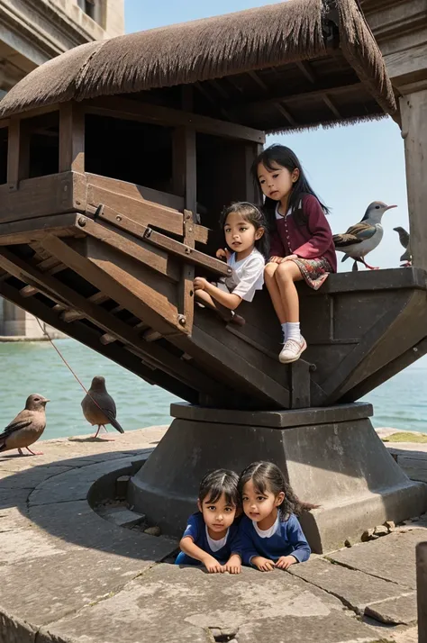 two children sitting on a canon while some birds are surrounding the mouth of the canon and one or two birds are sitting inside the mouth of the canon