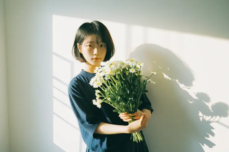 there is a woman holding a bunch of flowers in her hand, with short hair, chiho, indoor, long shadows,  plain white wall as background, aesthetic portrait, lofi girl, the hime cut, by Tan Ting-pho
