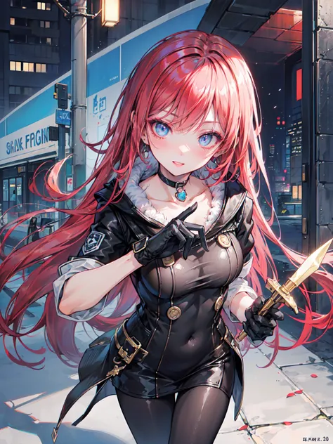 Abandoned industrial city in winter background,(Straight gray hair,：2.0),(Red hair ends)Issued card,Standing in close-up,Dream world,Facial blemishes,(Slender blue phoenix eyes,Pink lipstick,Long eyelashes),gloves,dagger,choker,(assassin&#39;Tight combat s...