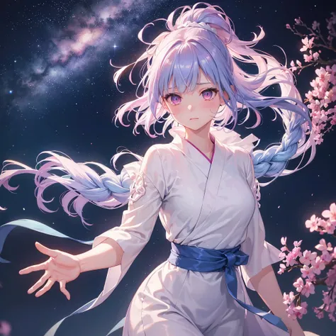 Sky blue hair, (One braided ponytail),(Pink Eyes),Fair skin ,(whole body),(One girl),White yukata,Tanabata,(The Milky Way in the night sky),Hollow Eyes,Blushing,Straight bangs,,Wedding dress,(masterpiece, Highest quality, Very detailed, Best Shadow), (Deta...