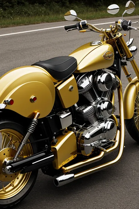 Golden chopper motorcycle with very exaggerated white 
