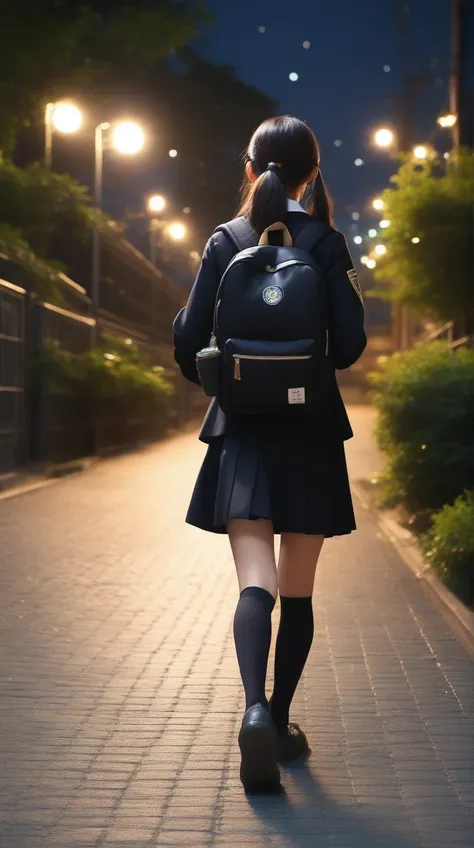 high school girls、walk、back view、black backpack、whole body、uniform,night