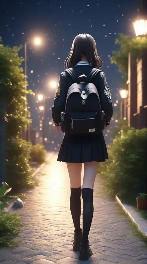 high school girls、walk、back view、black backpack、whole body、uniform,night