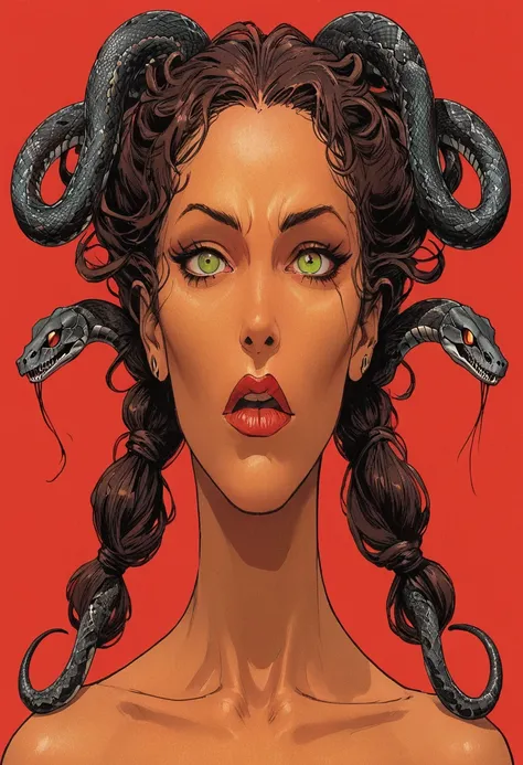 illustrate an image of medusa, showcase her twin tail snake hair (pigtail style symmetrical two twin hair snakes), Medusa, splash page decompressed comic cover art, ink style figure, ((expressive Joelle Jones and "Sean Gordon Murphy" comic drawing)), wordl...