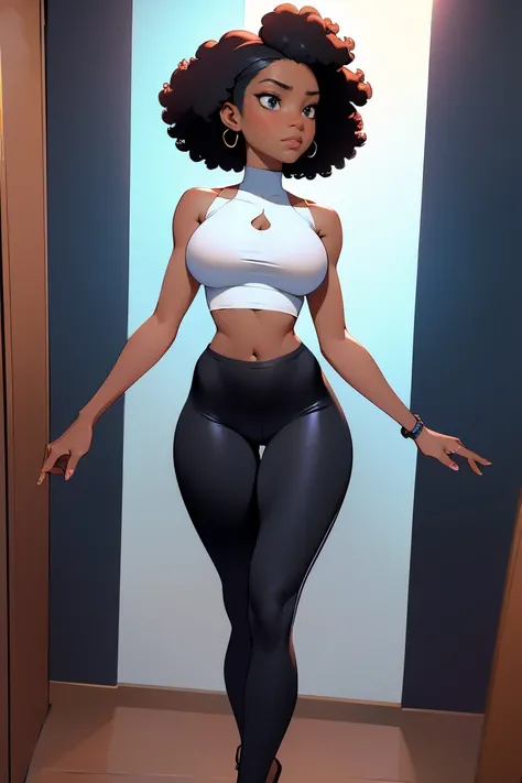 afro american girl, dark skin, behind view, afro haircut, 1 girl, solo, (black leggins) (crop tank top, cleavage), sleveless, medium perky , wide hips
