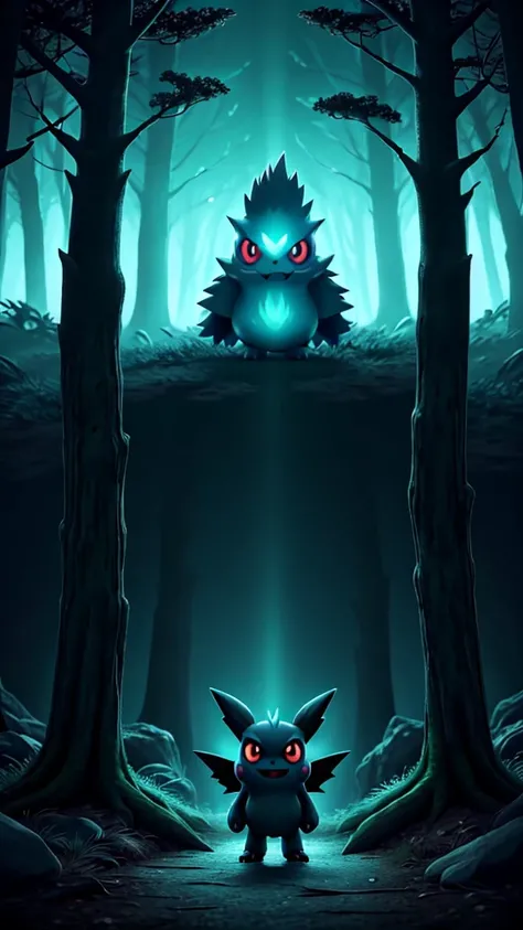 A scary anime-style Pokemon stands in a dark forest。A dim light drifts through the forest、An eerie shadow is engulfing the Pokémon.。The Pokemon&#39;s eyes glow red、Its appearance is eerily strange。Dead trees all around々Standing side by side、There&#39;s an ...