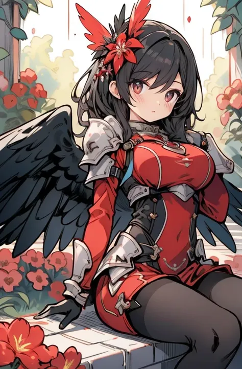 (Masterpiece artwork, best qualityer), details Intricate, Valkyrie, kawaii, (((cheerful grin))), Open your mouth and laugh, hands up, gazing at viewer, Feather helmet, natta, (((Red flower garden))), sitting down, 18 year old , 

1 girl in, standing alone,...