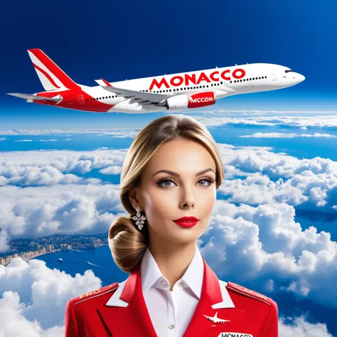 stewardess, airplane, double exposure, (("monaco", "istanbul", "moscow")) text logo, clouds