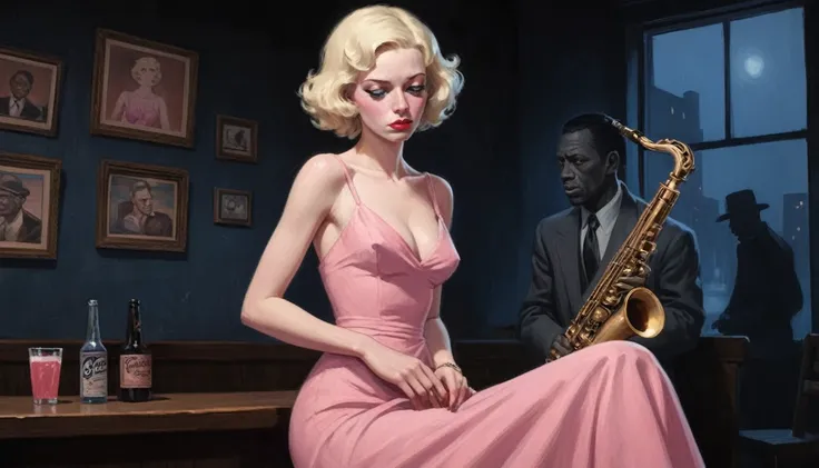 robert johnson, gritty, alabama bar, blue note, charismatic, pink dress, illustration, noir fantasy, lone blonde lady, sad ending, saxophonist