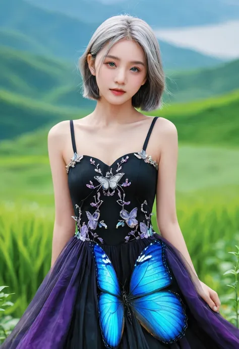 ((masterpiece)), (((best quality))), ((extremely detailed)), colorful, hdr, 1girl, solo, upper body, grey hair,green eye, luotianyi (xiachong),xiachong, black and purple dress, (blue butterfly), white butterfly wings