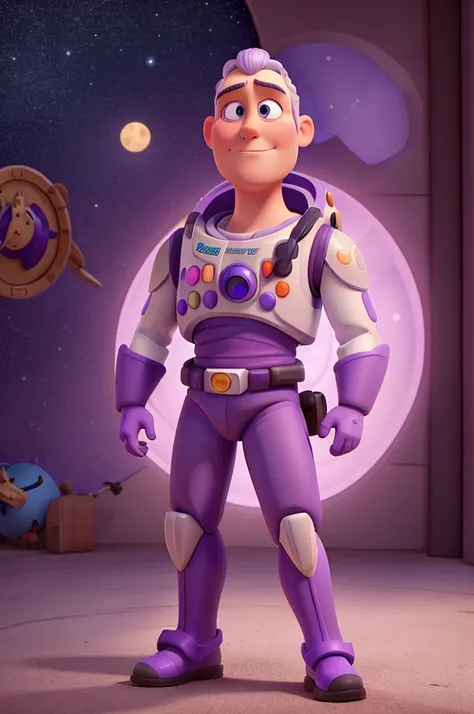 create a photo of buzzlightyear in a purple uniform and with a questioning face, scratching his head. 