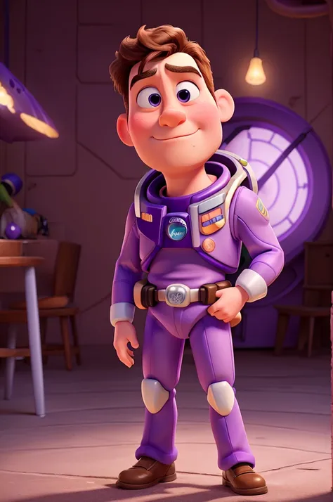 create a photo of buzzlightyear in a purple uniform and with a questioning face, scratching his head. 