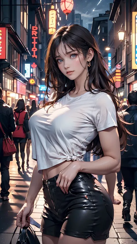 (Highest quality, High resolution, masterpiece :1.3), Beautiful woman, Slim figure, Dark brown hair, T-Shirts, (Night city street), Highly detailed face and skin texture, Fine grain, double eyelid、24-year-old woman、Sexy proportions、Sexy、Supermodel body typ...