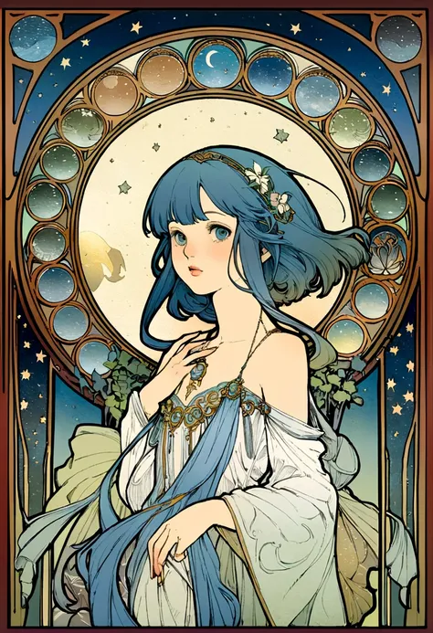 8K.Poster illustration in Alphonse Mucha style, Flat painting, Theme of stars and moon, Zodiac signs,Zodiac signs, Art Nouveau, masutepiece, Alfonse Mucha,Blue clematis、 high details
