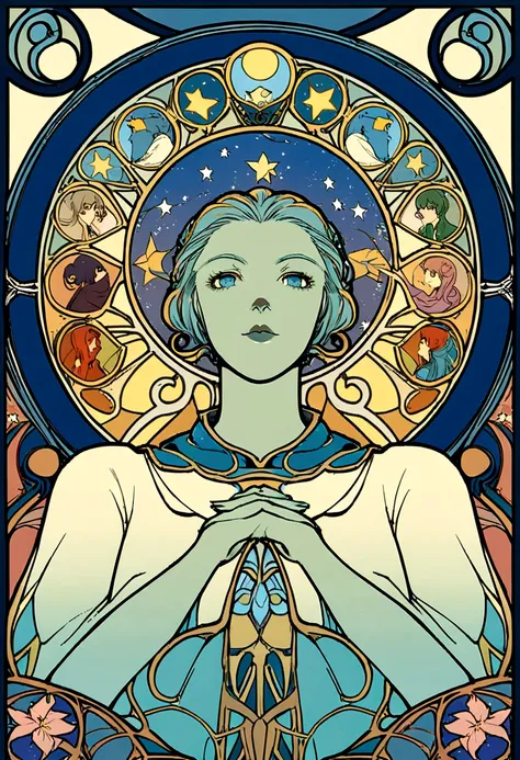 8K.Poster illustration in Alphonse Mucha style, Flat painting, Theme of stars and moon, Zodiac signs,Zodiac signs, Art Nouveau, masutepiece, Alfonse Mucha,Blue clematis、 high details
