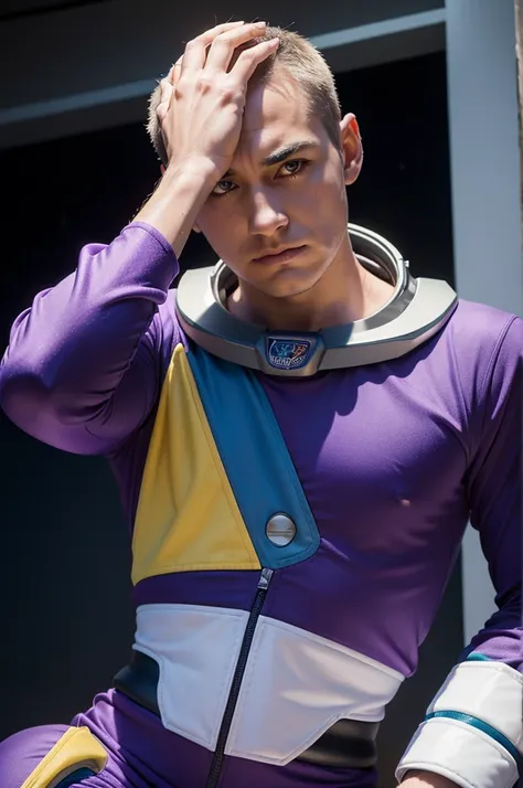 create a photo of buzzlightyear in a purple uniform and with a questioning face, scratching his head. 