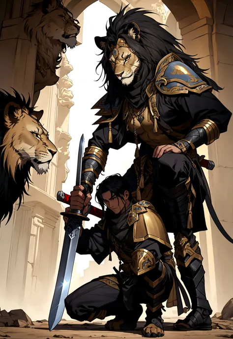 Generate the image of a warrior on his knees with both hands on his sword stuck in the ground. In the background of the image the face of a protective lion.