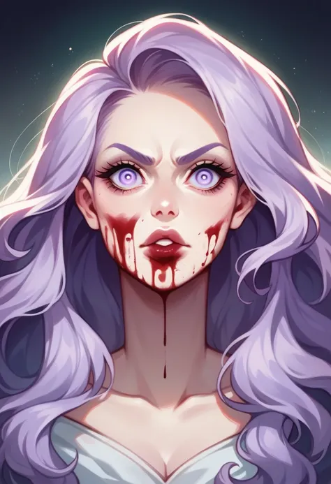 Women, gorgeous, Ultra detailed face, ultra detailed hair, long eyelashes, ultra long hair, bright Eyes, bright lips, the mouth is a little open, portrait, closed, looking at the viewer, lilac hair, gore scene, they have blood on their face, a girl is shy ...