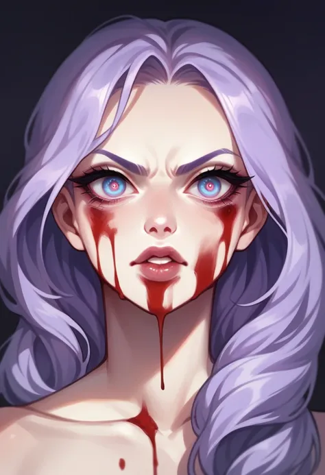 Women, gorgeous, Ultra detailed face, ultra detailed hair, long eyelashes, ultra long hair, bright Eyes, bright lips, the mouth is a little open, portrait, closed, looking at the viewer, lilac hair, gore scene, they have blood on their face, a girl is shy ...