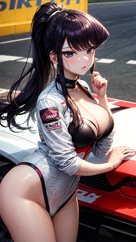 ((perfect hands)), ((perfect anatomy)), (((komi_shouko))), purple hair, ponytail, purple eyes, large breast, wet body, race queen, custome with sponsor logo, street race circuit, sit on a race sport car, enamel, glint