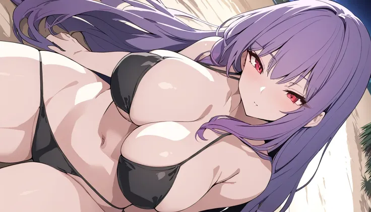 Beautiful foxgirl, large breasts,purple hair with pink highlights tips, masterpiece , red eyes, sexy, anime styled, 2D, mature, dynamic angle, long hair, fox tails, best quality, extremely detailed face, sharp details, high contrast, black bikini, beach, n...