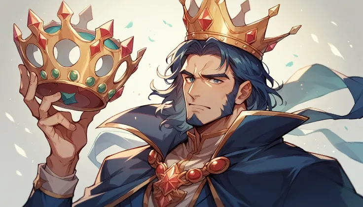 A dignified male king in his 60s wearing a glittering crown