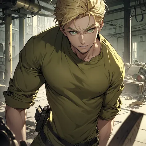 animated sketch, impressively detailed sketch, A man, (((detailed short blonde hair, detailed olive green eyes, Russian))), toned muscular body, modern casual clothing, apocalyptic world, vivid colors, conceptual artists lighting, focus on the torso, eyebr...