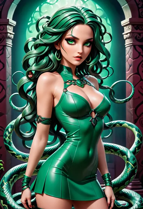 dark fantasy art a medusa having snake twin tails, a most beautiful medusa, reptilian eyes, pale skin, having twin tails, (twin braids made from living snakes: 1.3) on the medusa head, she wears intricate leather dress, thigh high heeled boots, modern bar ...