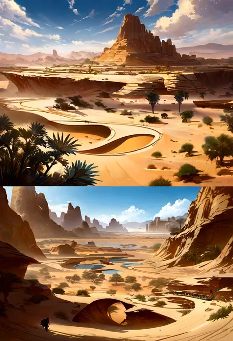 Yellow sand in the sky，The background is a vast desert，the sphinx，digital landscape art, Detailed scenery —width 672, landscape artwork, environment design illustration, scenery art detailed, Desert oasis landscape, concept-art, 4k highly detailed digital ...