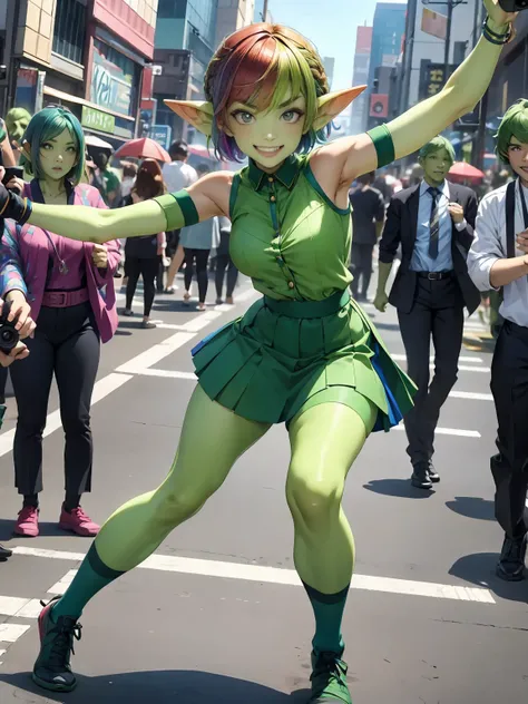 1 girl, short hair, green goblin girl, green skin, small pointy ears, ((rainbow hair)), very fashionable skirt and shirt, wearing knee-socks, smiling, full body, outdoors in tokyo, performing a tiktok dance in the streets of tokyo, daytime, dynamic pose, c...