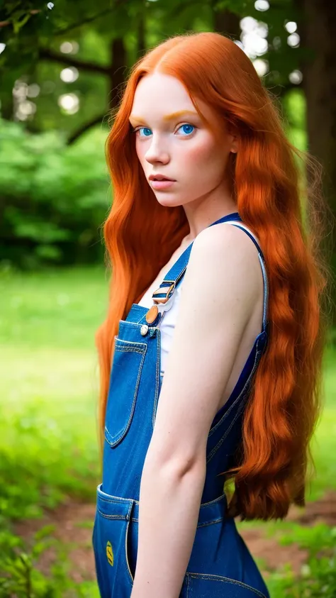 (Masterpiece artwork), still from film, (full body shot) of a beautiful and sexy young redhead, (long  hair), (face perfect), (detailed facial features), seductive look, (amazing body), (Wearing overalls) , standing, plein-air, humid, humid, fundo detailde...