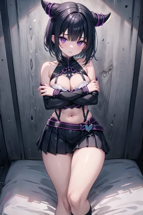 Juri Han, artwork, tight white secretary shirt with black tie, black high-waist skirt, skirt short,sock, Bblack hair, blackstockings,evil smile,,bangs on the eyes,lighting,horn of hair,from above view,staring overhead,crossed arms
