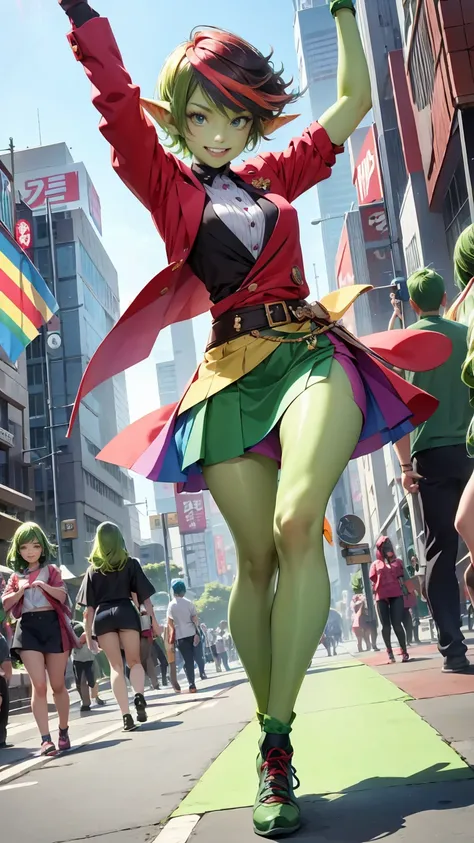 1 girl, short hair, green goblin girl, green skin, small pointy ears, ((rainbow hair)), very fashionable rainbow skirt and red vest, wearing rainbow knee-socks, smiling, full body, outdoors in tokyo, performing a tiktok dance in the streets of tokyo, dayti...