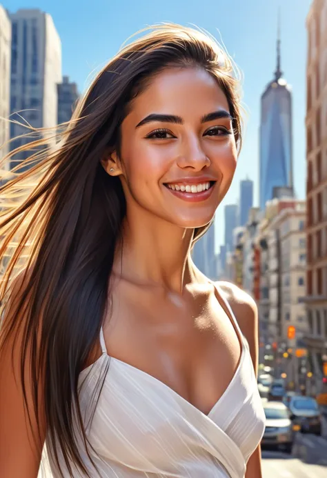 The face of a beautiful Latin woman smiling, her long straight hair cascading over her shoulders, with thick, expressive eyebrows and thin lips, her delicate skin shining in the sunlight, a bustling city with tall buildings in the background, capturing the...