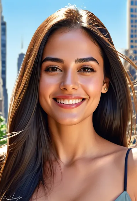 The face of a beautiful Latin woman smiling, her long straight hair cascading over her shoulders, with thick, expressive eyebrows and thin lips, her delicate skin shining in the sunlight, a bustling city with tall buildings in the background, capturing the...