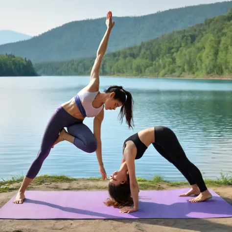 (Highly detailed photo),(photorealistic)),(hyperrealistic),(sharp focus))((highest resolution)),(most absurd quality),(artwork), two woman in a yoga pose, wearing bikini on a mat by a lake, prana, full body, ((full body with dynamic pose)), centered full b...