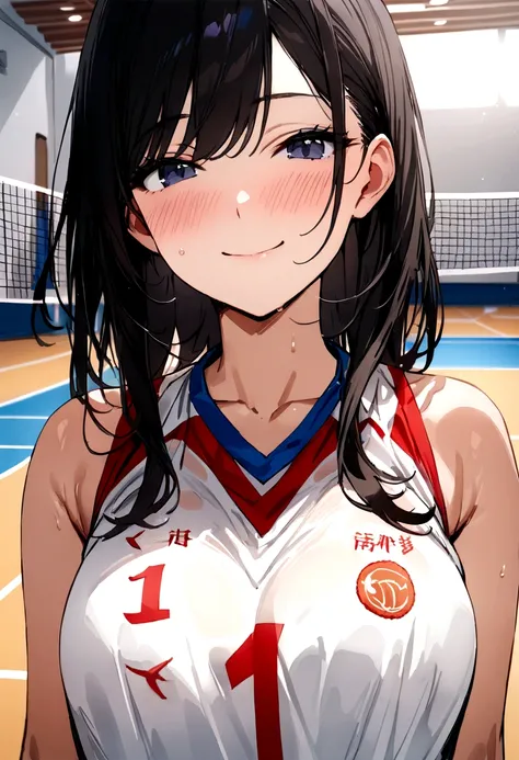 Only one female, /(Volleyball Uniforms/), /(Long Black Hair/) bangs, Blushing Smile, (Masterpiece Top quality:1.2) Delicate illustrations, super detailed, Big Break /(Indoor volleyball court/)